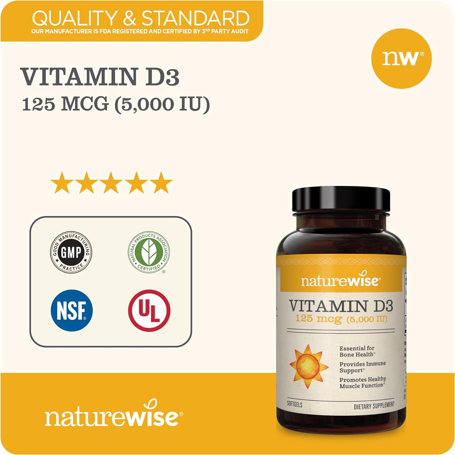 Vitamin D3 5000Iu (125 Mcg) Healthy Muscle Function, and Immune Support, Non-Gmo, Gluten Free in Cold-Pressed Olive Oil, Packaging Vary (Mini Softgel), 30 Count