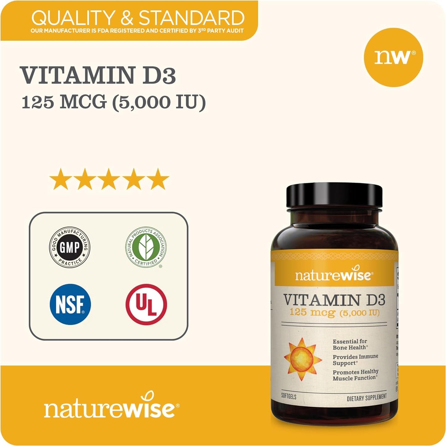 Vitamin D3 5000Iu (125 Mcg) Healthy Muscle Function, and Immune Support, Non-Gmo, Gluten Free in Cold-Pressed Olive Oil, Packaging Vary ( Mini Softgel), 90 Count
