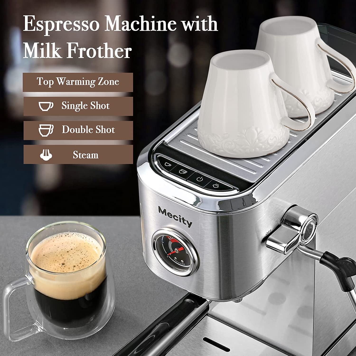 20 Bar Espresso Machine, Professional Cappuccino Maker with Milk Frother Steam Wand, Brushed Stainless Steel Coffee Machine 37 Oz Removable Water Reservoir, 1350W
