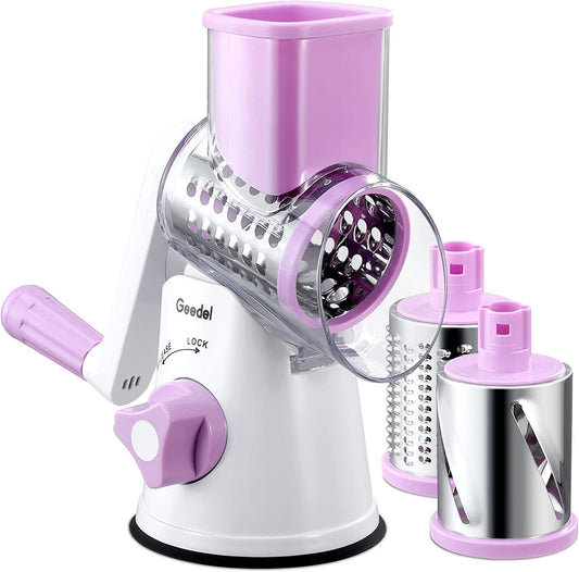 Rotary Cheese Grater, Kitchen Mandoline Vegetable Slicer with 3 Interchangeable Blades, Easy to Clean Rotary Grater Slicer for Fruit, Vegetables, Nuts