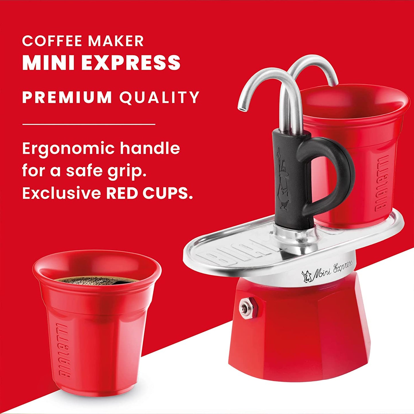 - Mini Express Color: Moka Set Includes Coffee Maker 2-Cup (2.8 Oz) + 2 Shot Glasses, Red, Aluminium