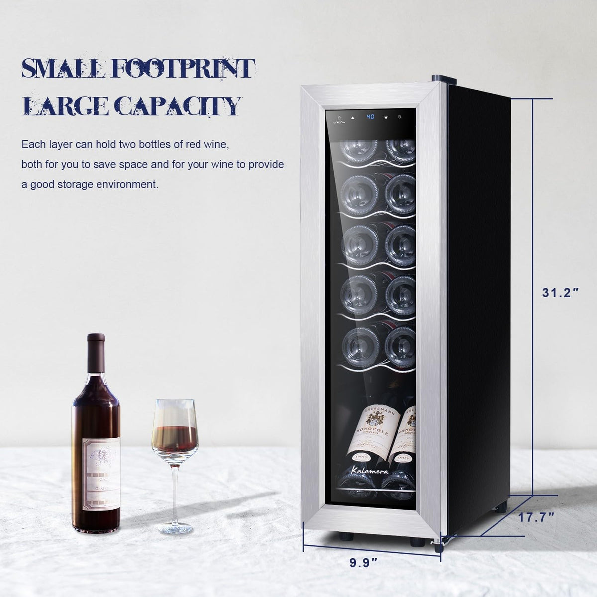 Mini Fridge Compressor Cooler, 12 Bottles Wine Refrigerator, Freestanding Wine Cellar 41F-64F One Touch Temperature Control, for Home, Office or Bar.
