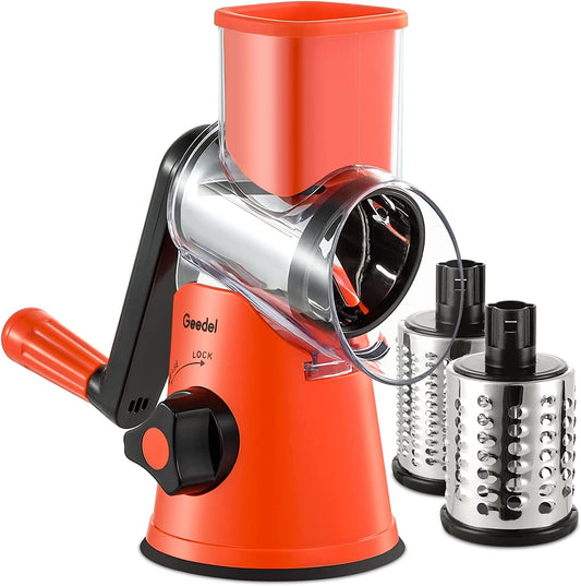 Rotary Cheese Grater, Kitchen Mandoline Vegetable Slicer with 3 Interchangeable Blades, Easy to Clean Rotary Grater Slicer for Fruit, Vegetables, Nuts