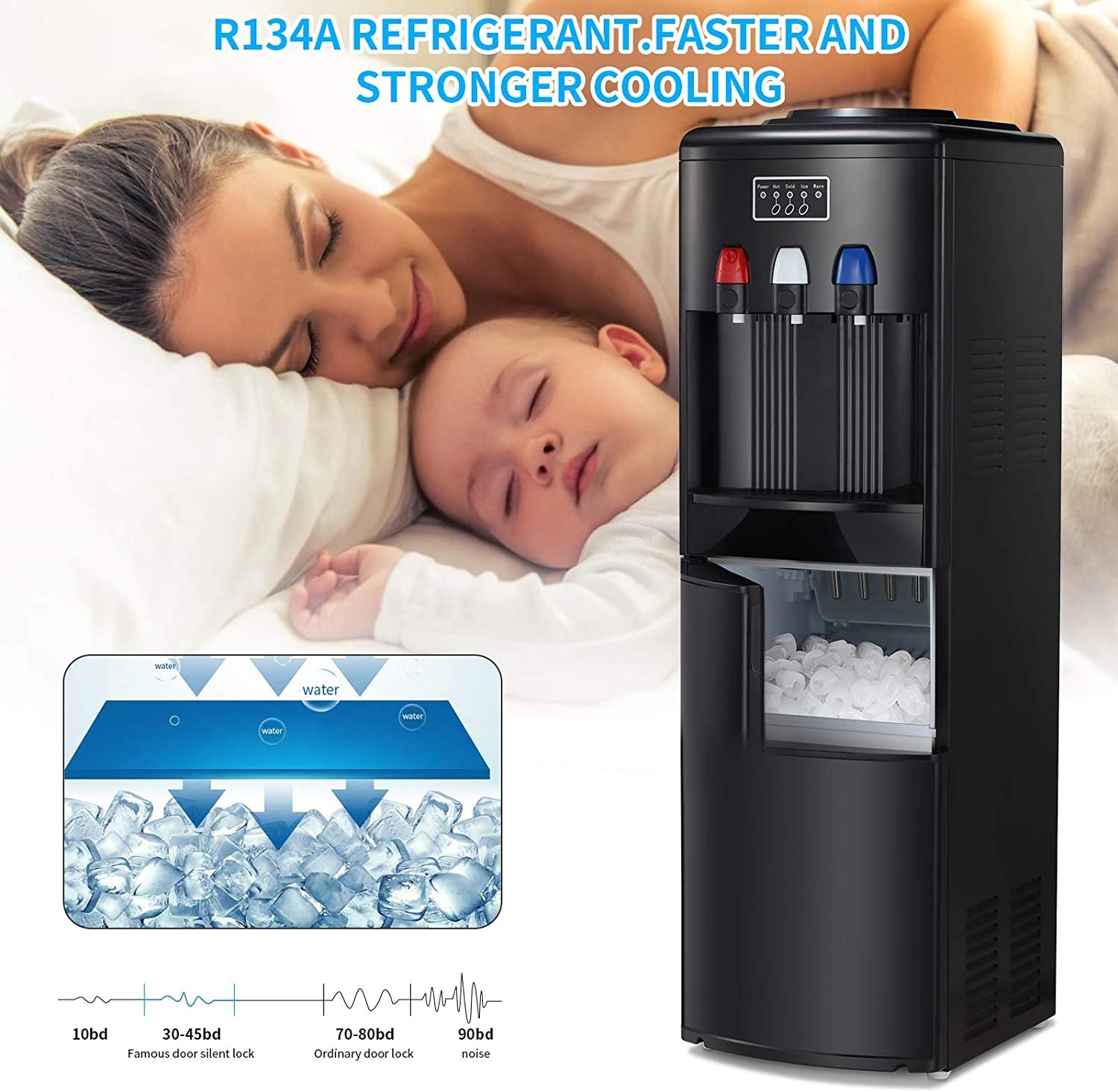2-In-1 Water Cooler Dispenser with Built-In Ice Maker, Freestanding Hot Cold Top Loading Water Dispenser, 2, 3 or 5 Gallon Bottle with Child Safety Lock (Black)