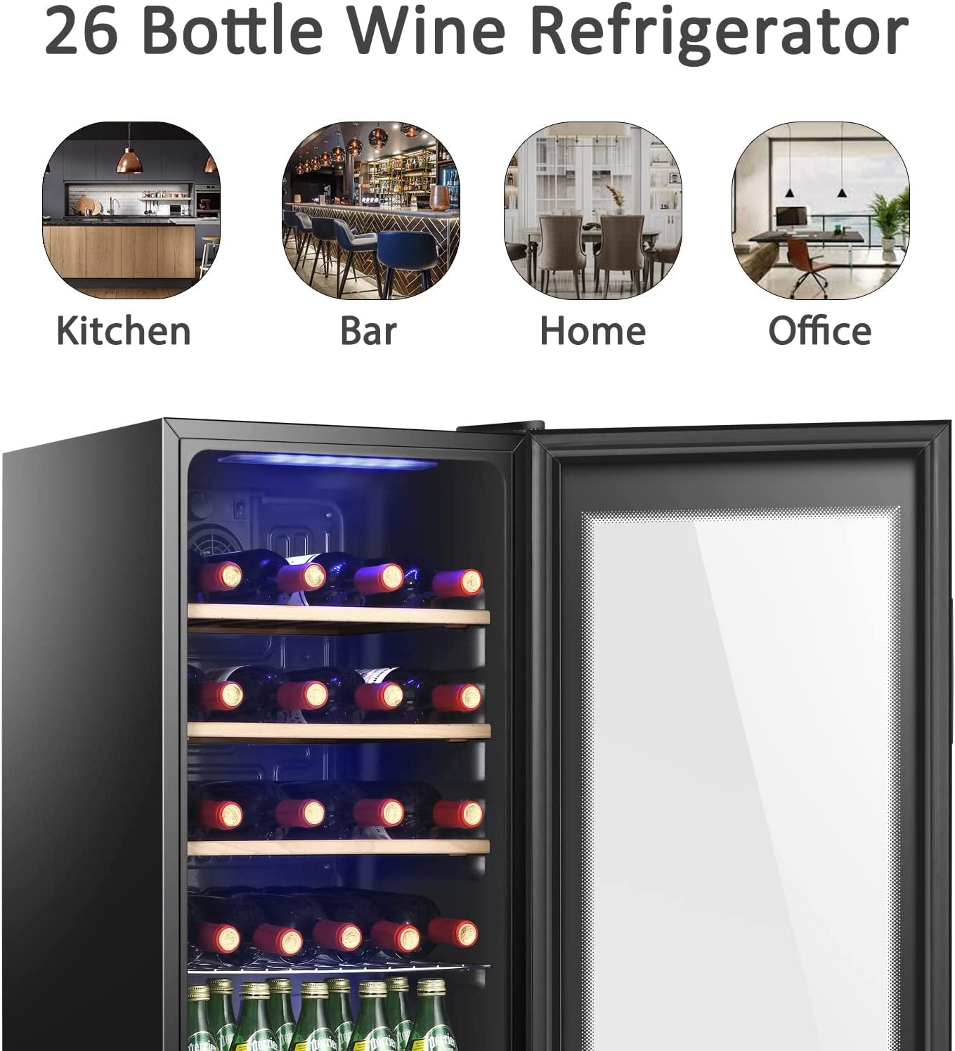 26 Bottle Wine Cooler Refrigerator, Freestanding Wine Cellar, 3.4 Cu.Ft Wine Fridge for Red & White, Glass Door