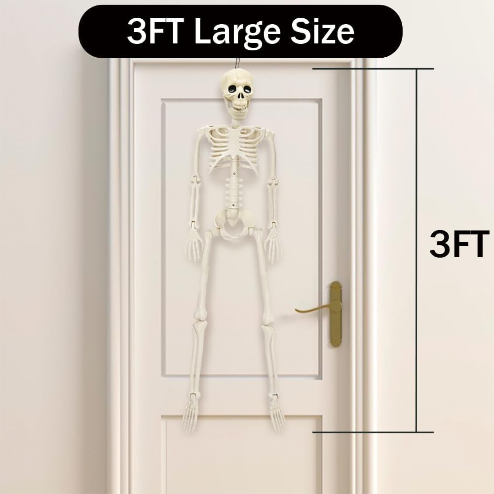36In Skeleton Halloween Decorations, 3Ft Full Body Posable Life like Skeleton Realistic Human Plastic Bones with Movable Joints for Halloween Party Lawn Haunted House Decor