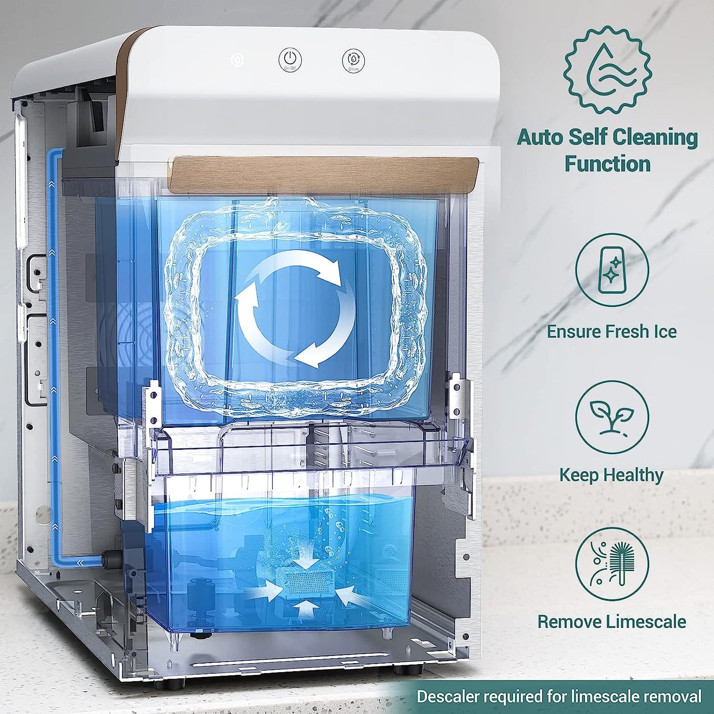 V2.0 Countertop Nugget Ice Maker | Self-Cleaning Pellet Ice Machine | Open and Pour Water Refill | Stainless Steel Housing | Fit under Wall Cabinet | White