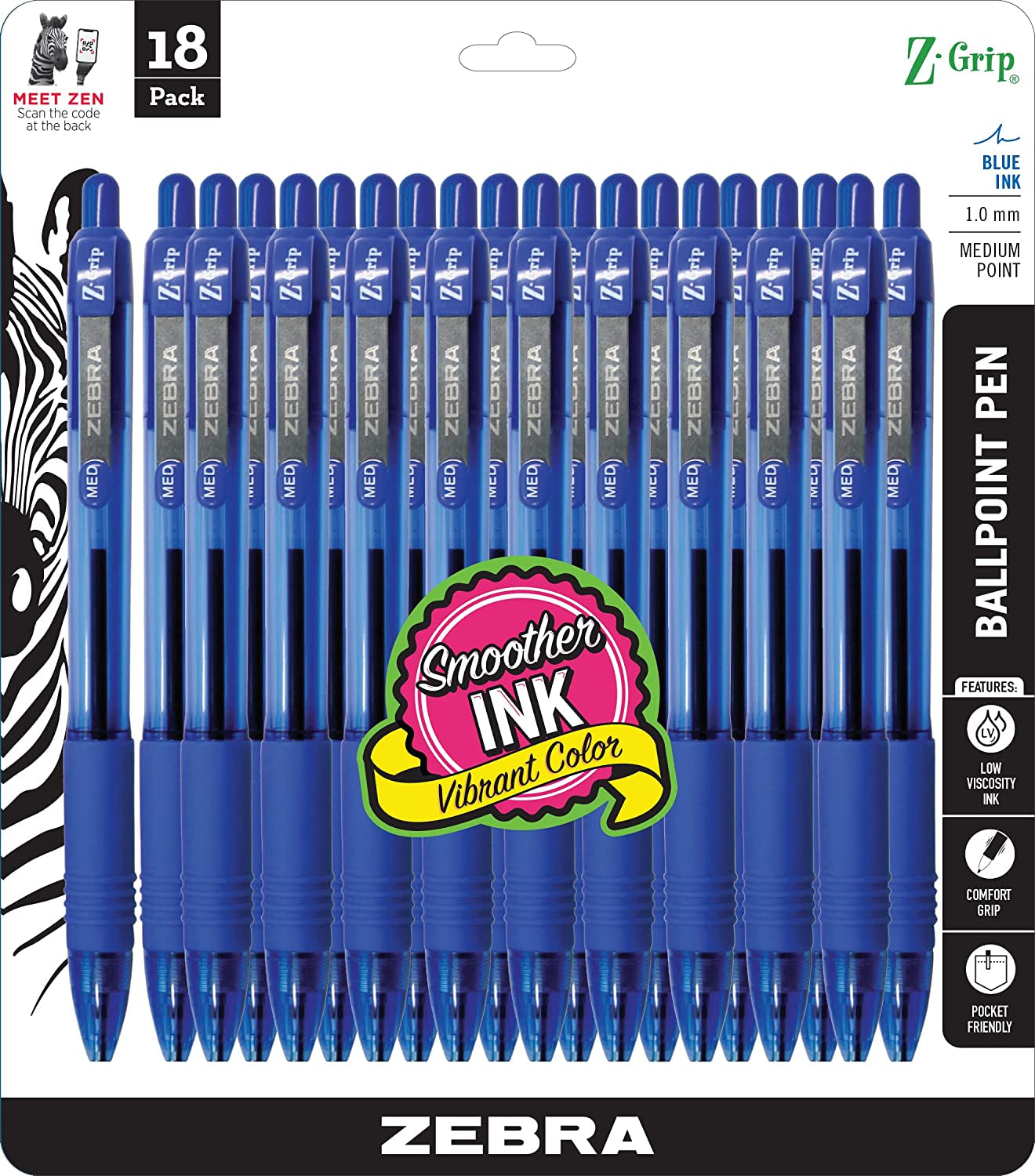 Z-Grip Retractable Ballpoint Pen, Medium Point, 1.0Mm, Blue Ink, 18-Pack