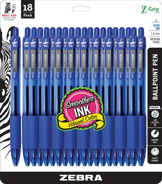 Z-Grip Retractable Ballpoint Pen, Medium Point, 1.0Mm, Blue Ink, 18-Pack