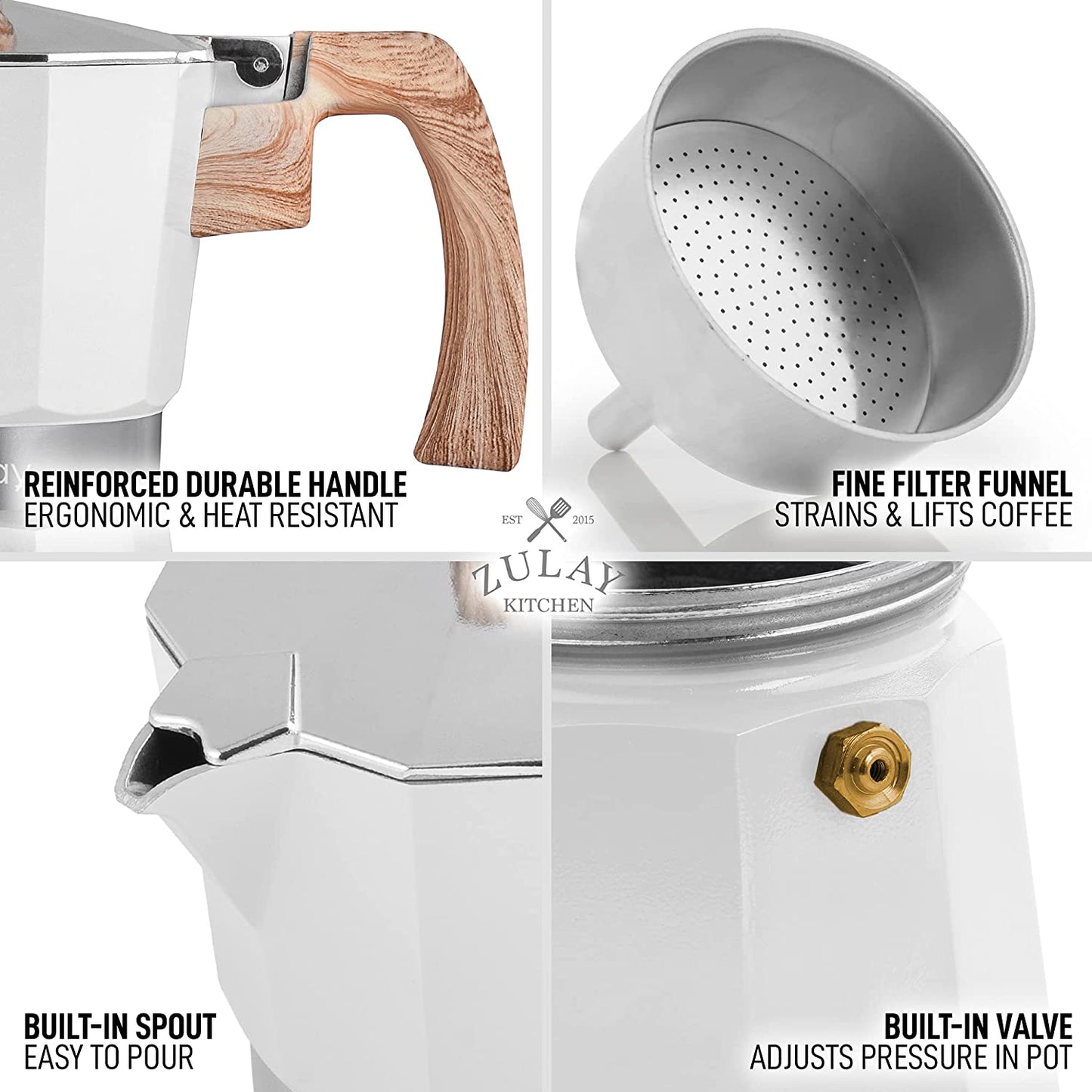 Zulay Classic Italian Style 5.5 Espresso Cup Moka Pot, Stovetop Maker for Great Flavored Strong Espresso, Makes Delicious Coffee, Easy to Operate & Quick Cleanup Pot (White)