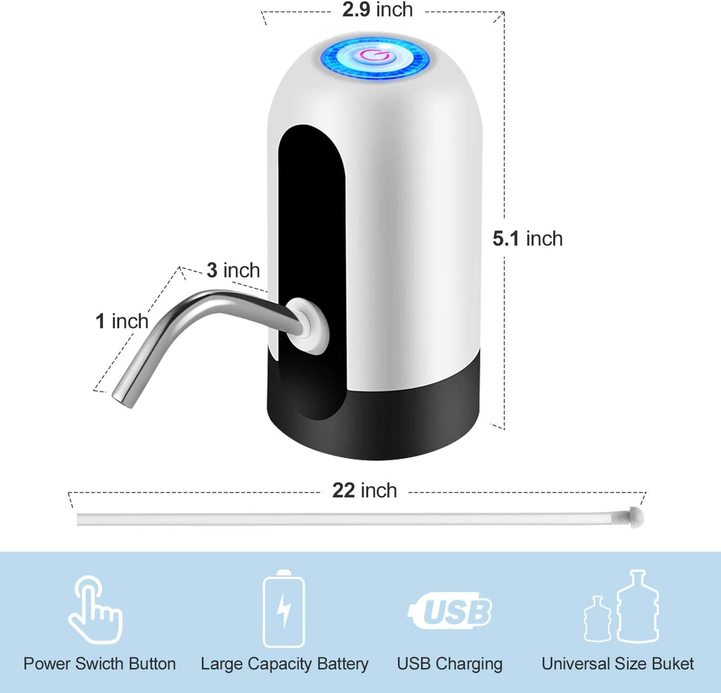 Water Jug Pump, Electric, USB Charging Automatic Drinking Water Pump for Universal 3-5 Gallon Bottle, Portable Water Dispenser for Camping