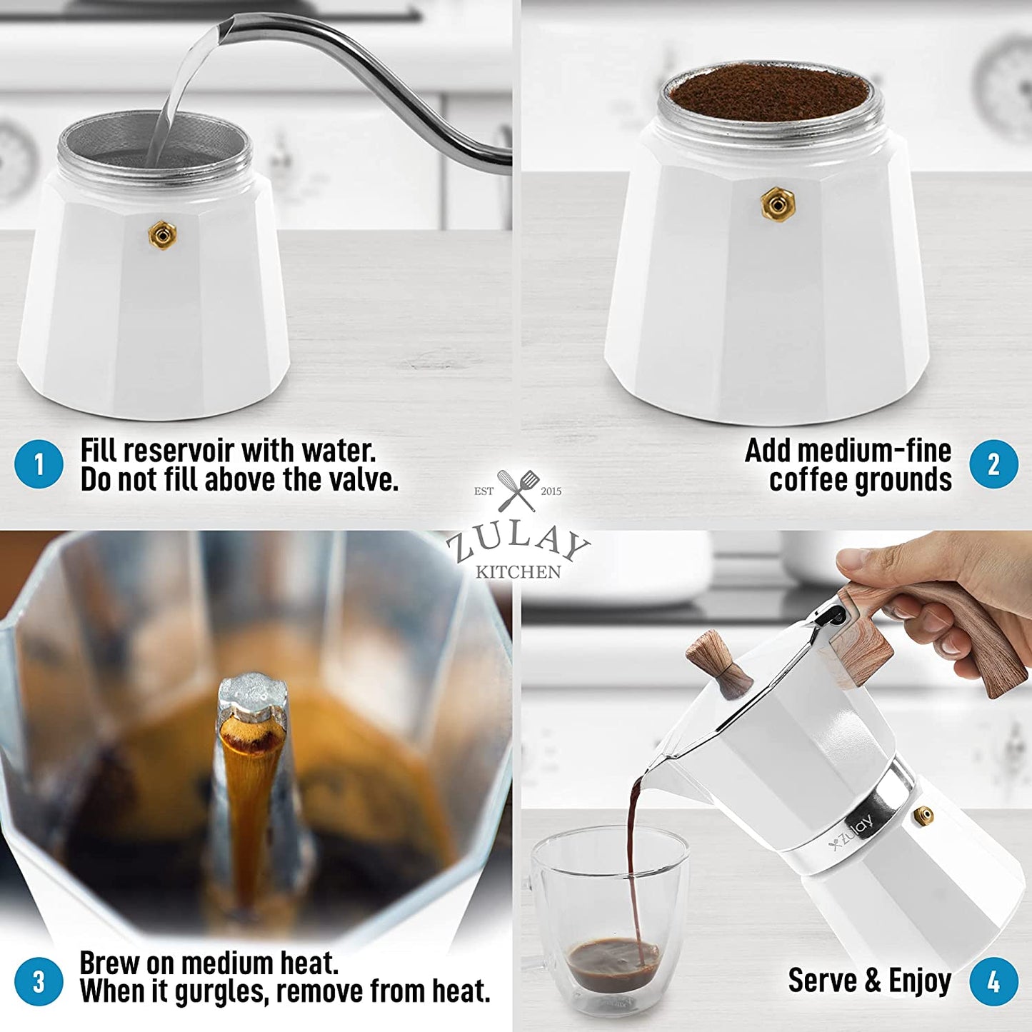 Zulay Classic Italian Style 5.5 Espresso Cup Moka Pot, Stovetop Maker for Great Flavored Strong Espresso, Makes Delicious Coffee, Easy to Operate & Quick Cleanup Pot (White)