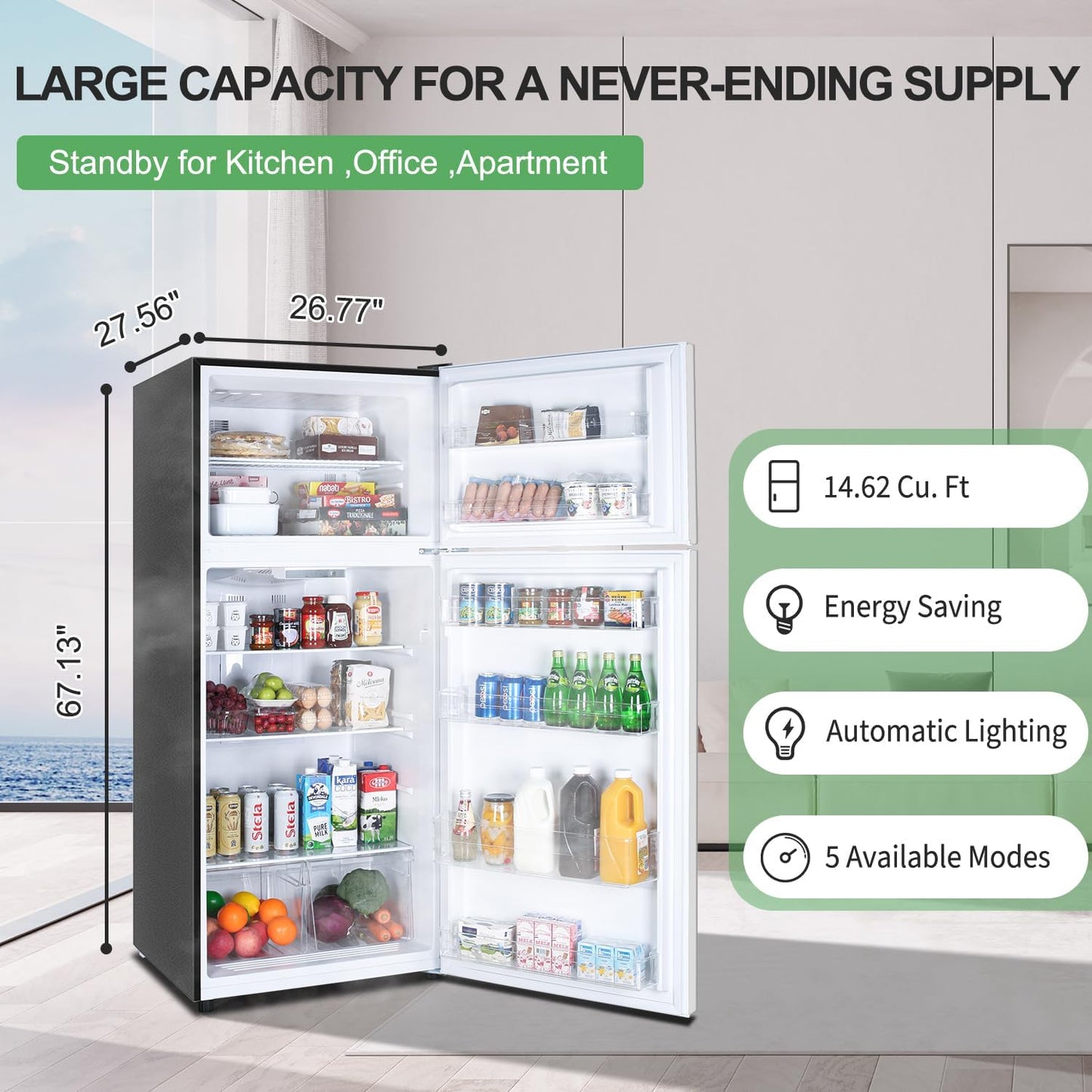 14.6 CU' Refrigerator with Freezer, Apartment Size Refrigerator Top Freezer, 2 Door Fridge with Adjustable Thermostat Control, Freestanding, Door Swing, Stainless Steel (FR 1462 SL)