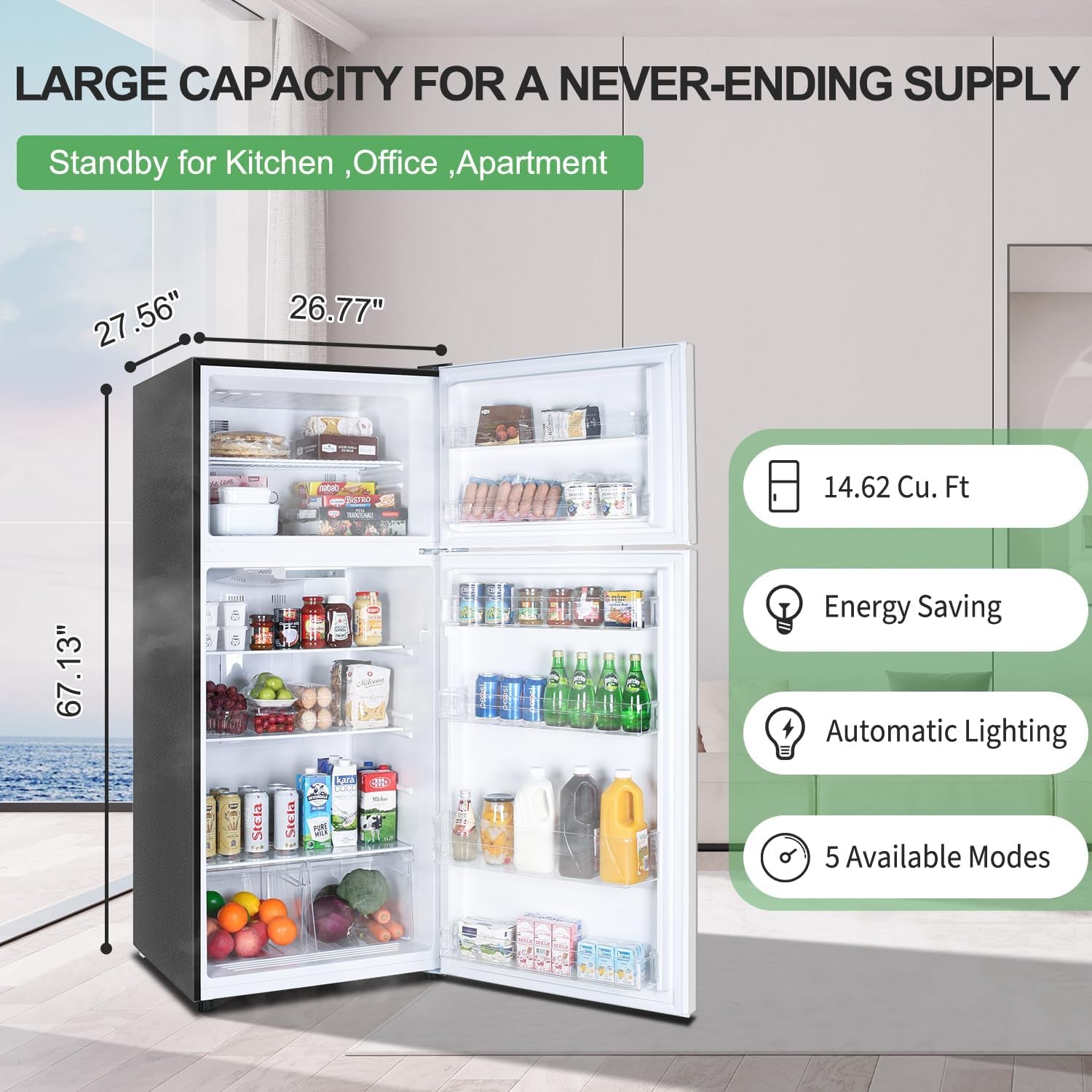 14.6 CU' Refrigerator with Freezer, Apartment Size Refrigerator Top Freezer, 2 Door Fridge with Adjustable Thermostat Control, Freestanding, Door Swing, Stainless Steel (FR 1462 SL)