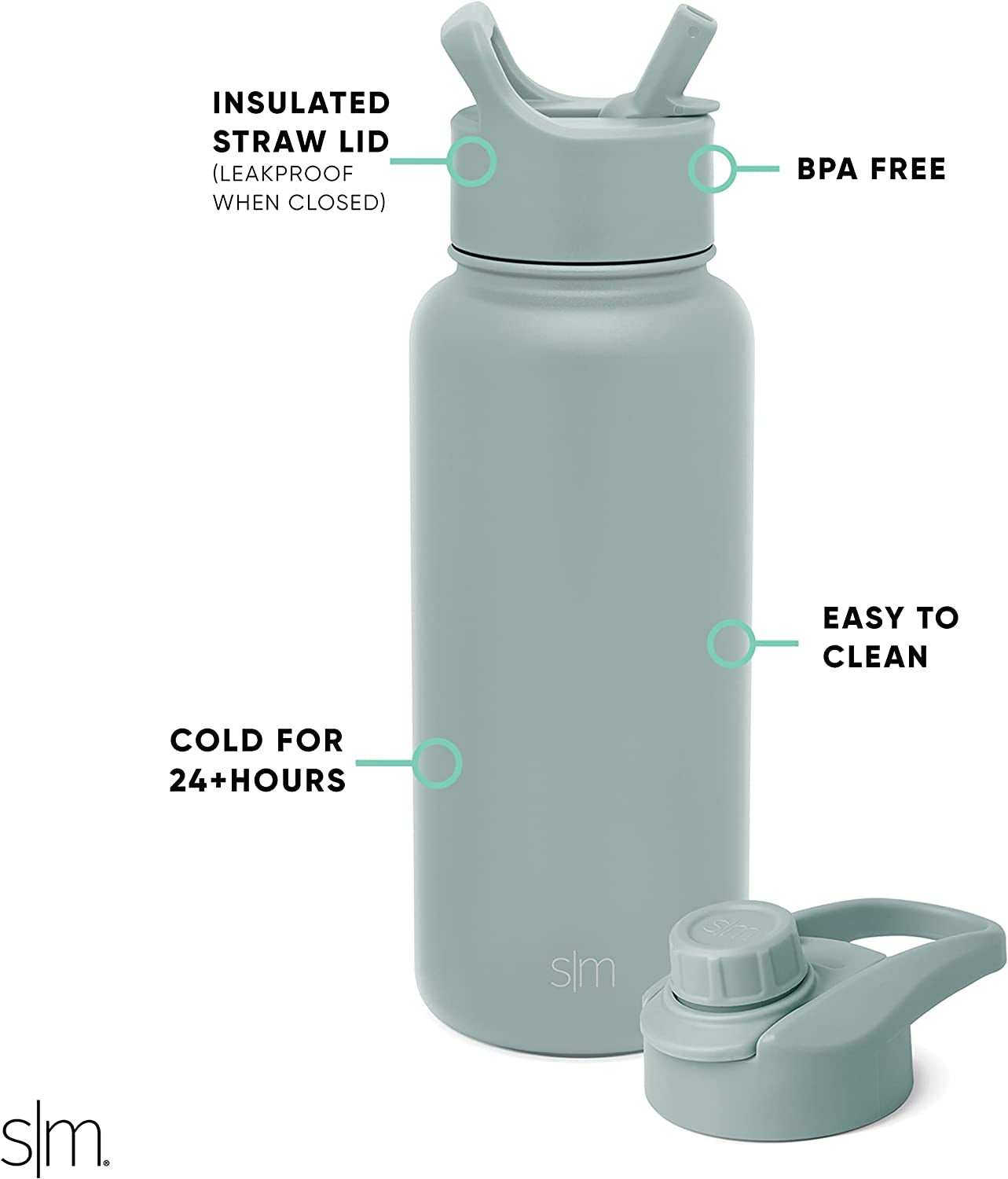 Water Bottle with Straw and Chug Lid Vacuum Insulated Stainless Steel Metal Thermos Bottles | Reusable Leak Proof Bpa-Free Flask for Sports Gym | Summit Collection | 32Oz, Sea Glass Sage