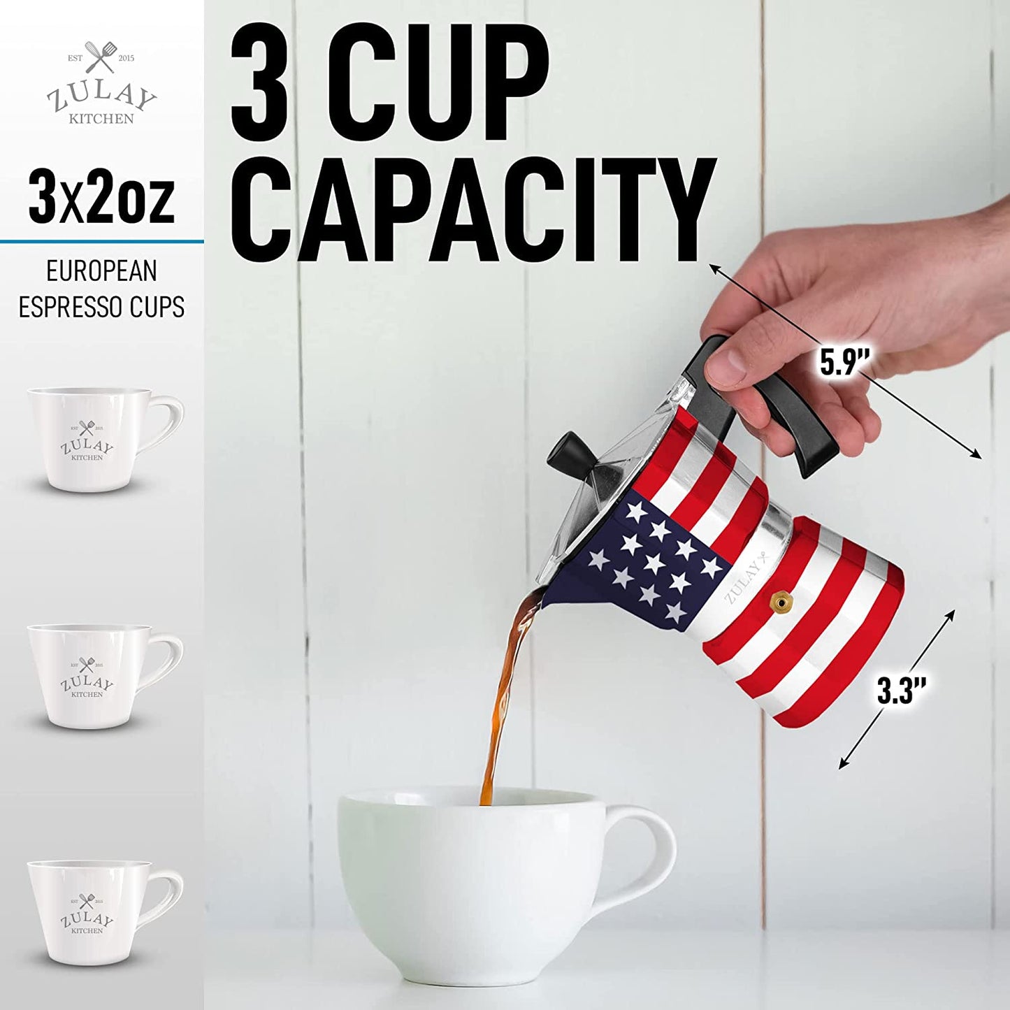 Zulay Classic Stovetop Espresso Maker for Great Flavored Strong Espresso, Classic Italian Style 3 Espresso Cup Moka Pot, Makes Delicious Coffee, Easy to Operate & Quick Cleanup Pot (American Flag)