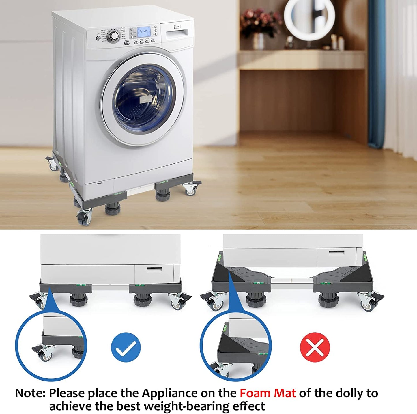 WBD WEIBIDA Washing Machine Base Stand with 4 Locking Wheels & 8 Strong Feet, Mini Fridge Stand Adjustable Flat Dolly Cart Mobile Base for Washer, Dryer, Refrigerator, Furniture and Appliance