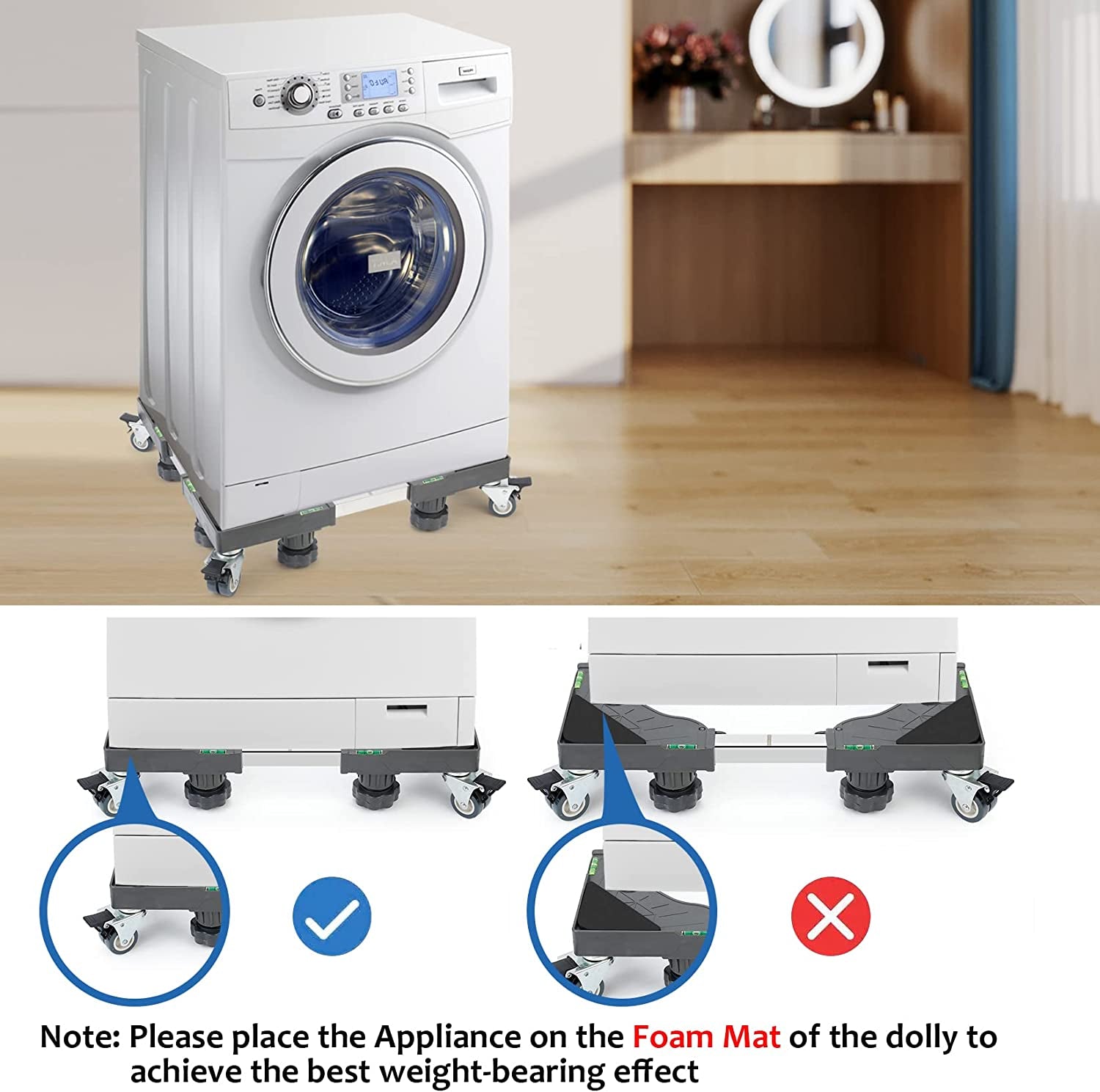 WBD WEIBIDA Washing Machine Base Stand with 4 Locking Wheels & 8 Strong Feet, Mini Fridge Stand Adjustable Flat Dolly Cart Mobile Base for Washer, Dryer, Refrigerator, Furniture and Appliance