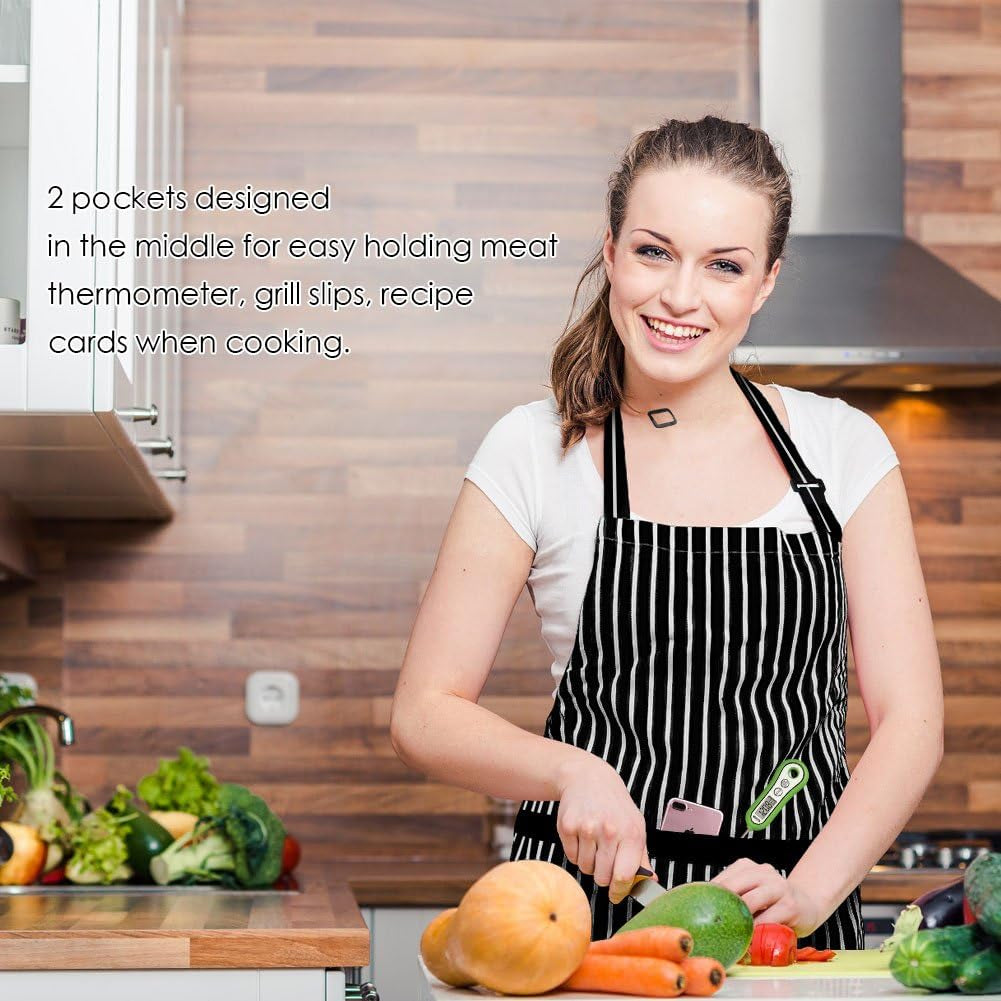 2 Pack Adjustable Bib Apron Thicker Waterdrop Resistant with 2 Pockets Cooking Kitchen Aprons for Women Men Chef, Pinstripe Black White