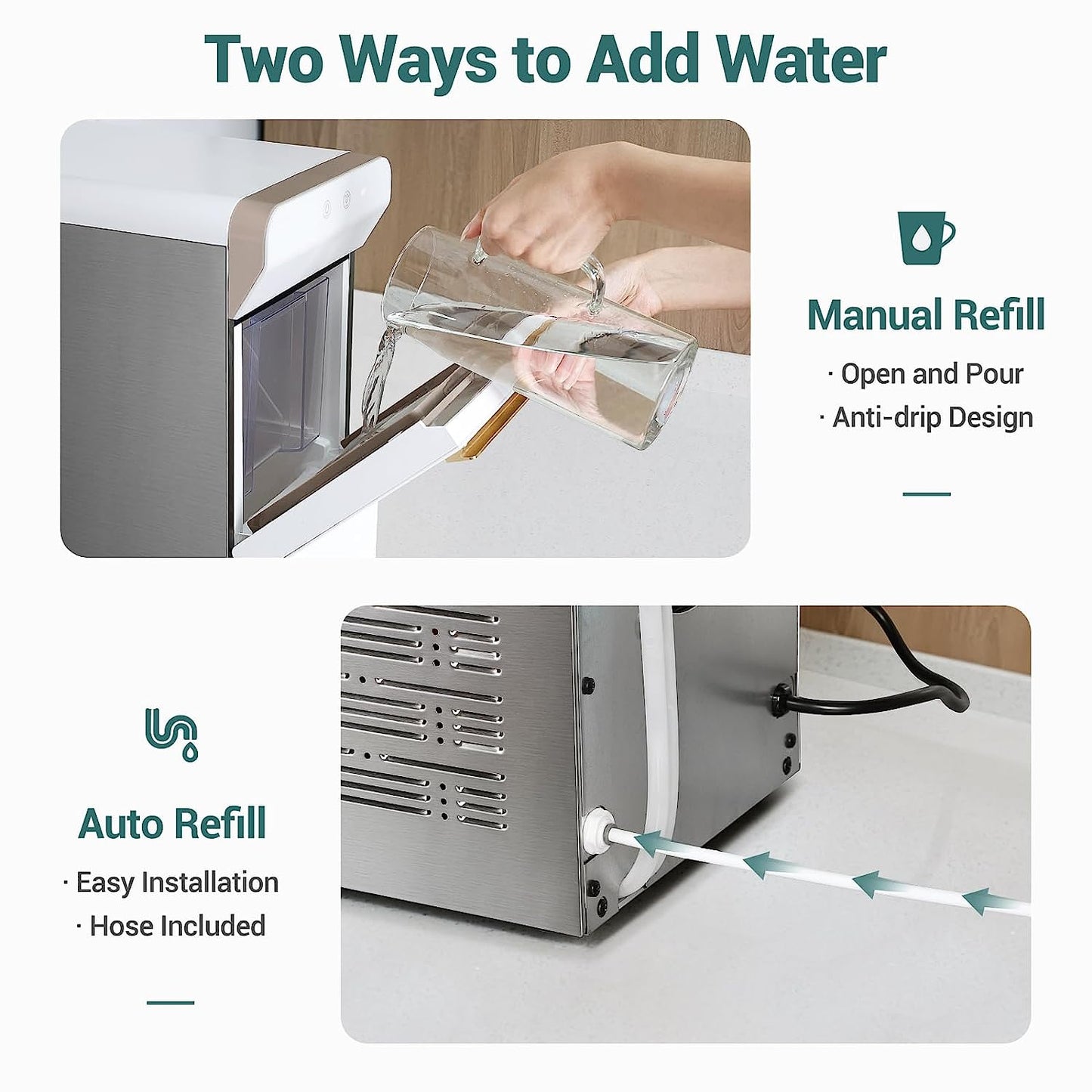 V2.0 Countertop Nugget Ice Maker | Self-Cleaning Pellet Ice Machine | Open and Pour Water Refill | Stainless Steel Housing | Fit under Wall Cabinet | White